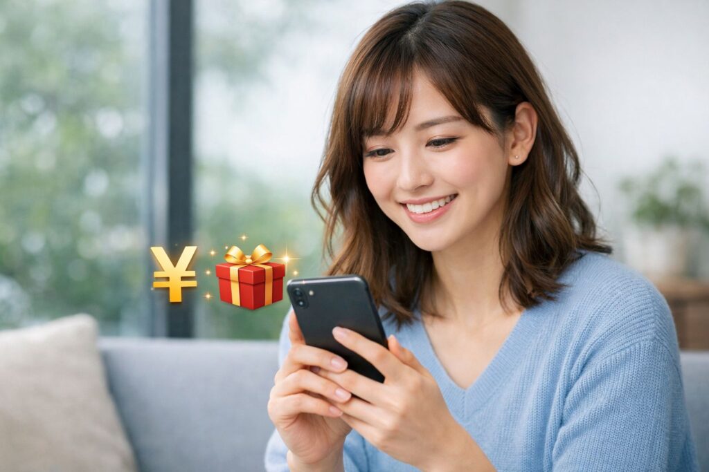 スマホを見ている女性と￥マークとボーナスマーク