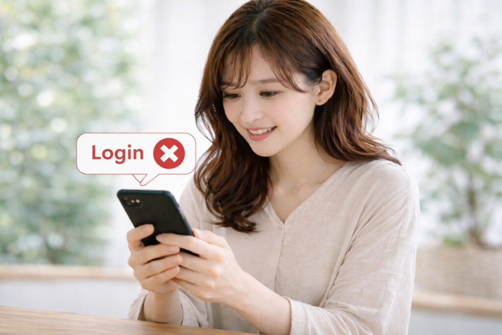 スマホを見ている女性とログインに✖マーク