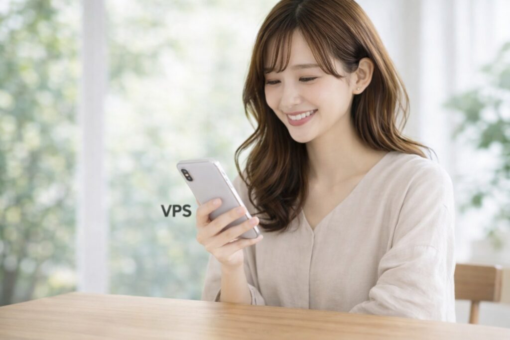 スマートフォンを使う女性とVPSのロゴ
