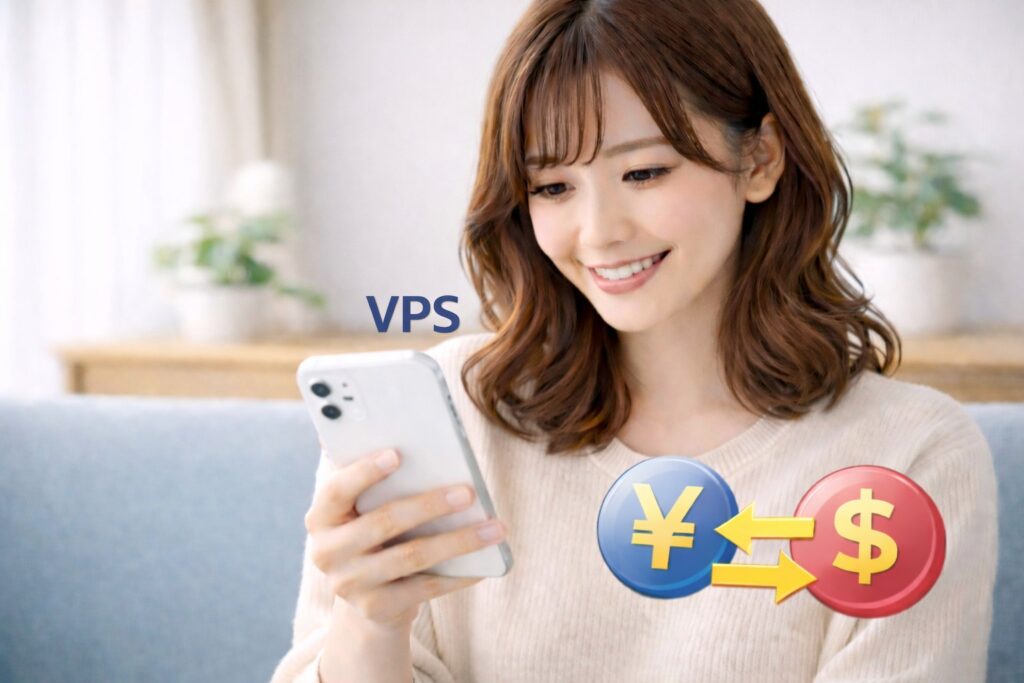 スマホを見ている女性とＶＰＳアイコンとスワップのアイコン