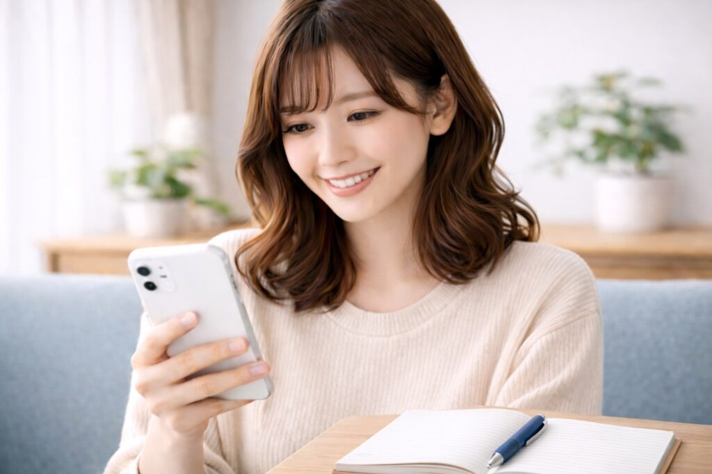 スマホを見てる女性とノートとペン