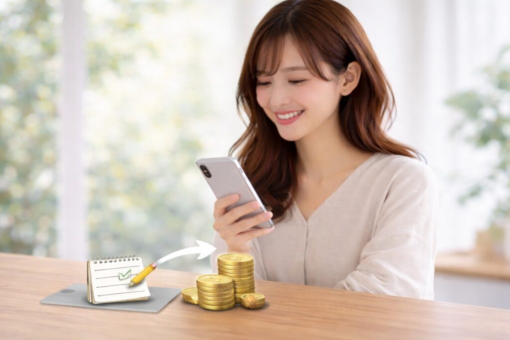 スマホを見ている女性とノートとコイン