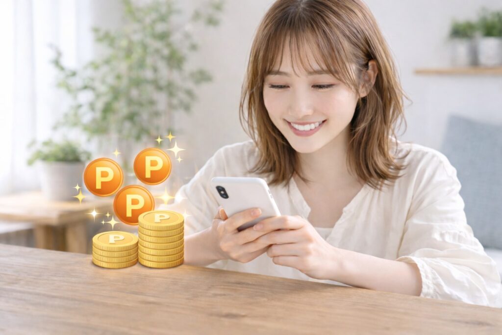 スマホを操作してる女性と入金ボーナスのアイコン