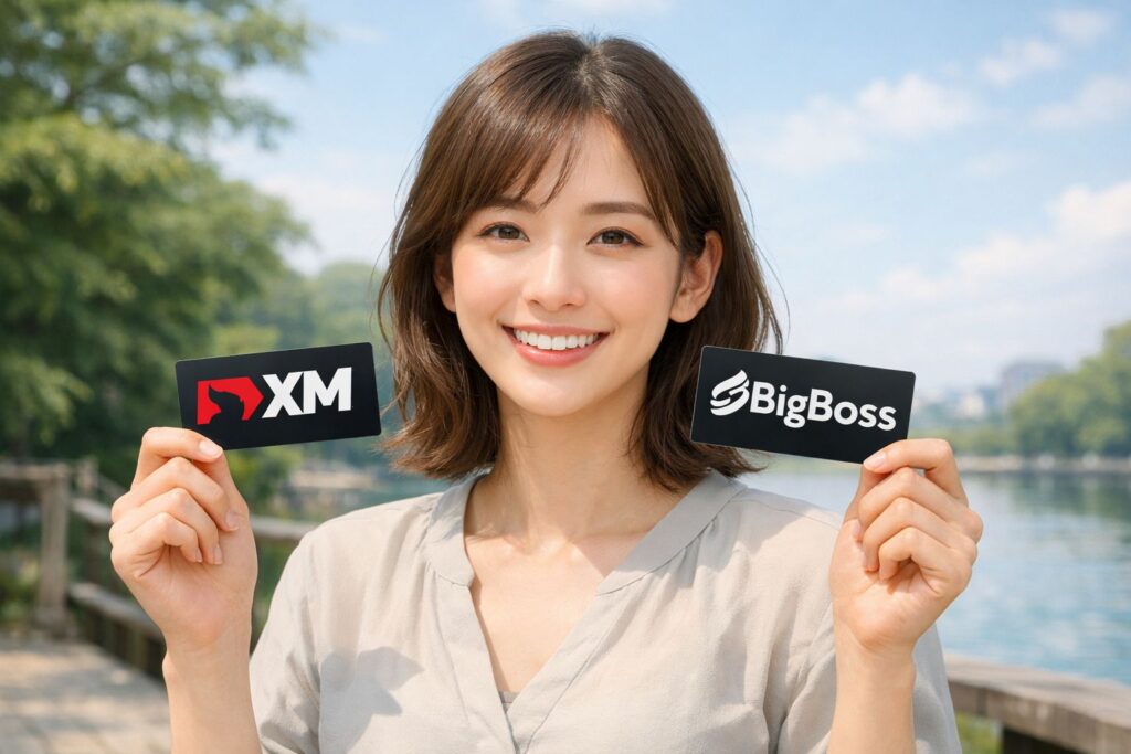「XM」 と「BigBoss」のカードを持つ女性