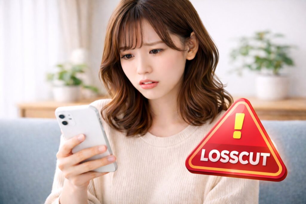 スマホの警告を受けて驚く女性