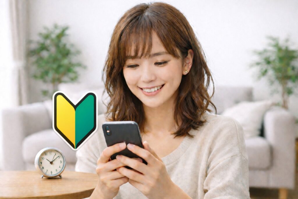 スマホを見てる女性と初心者マーク