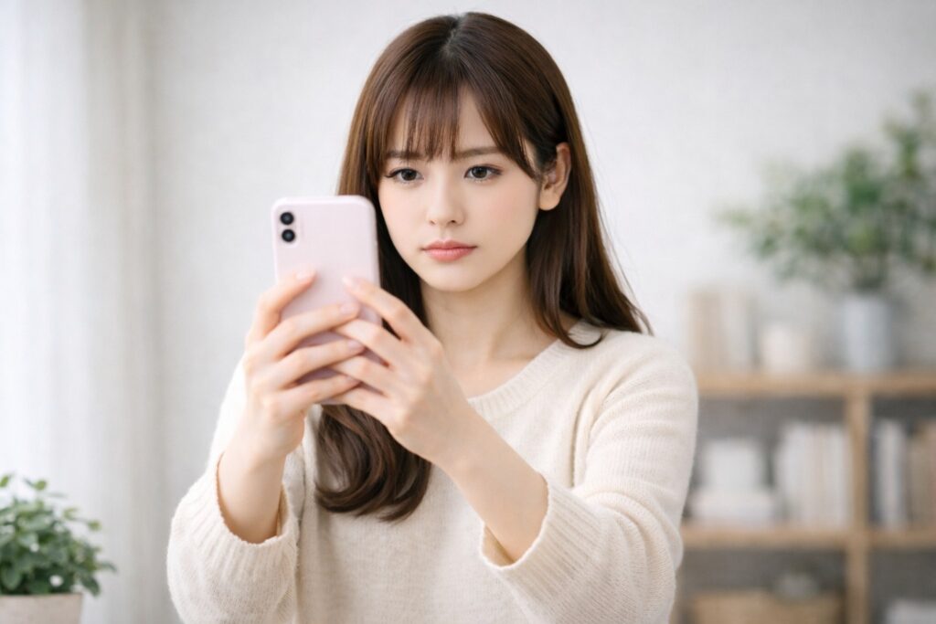 本人証明の自撮りをしてる女性