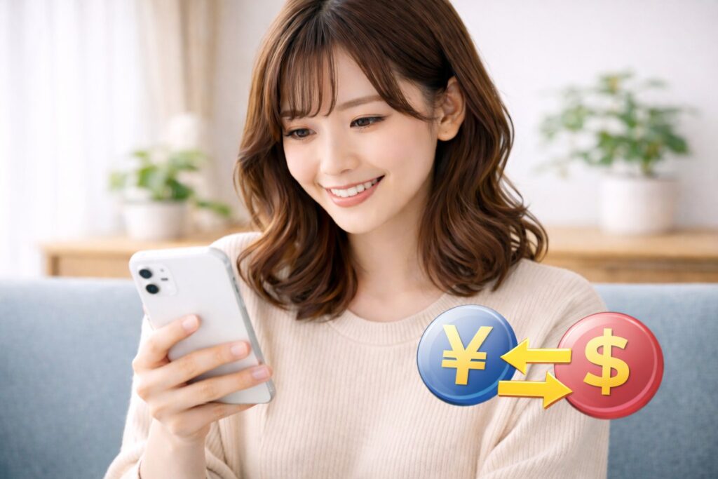 通貨交換をチェックする女性