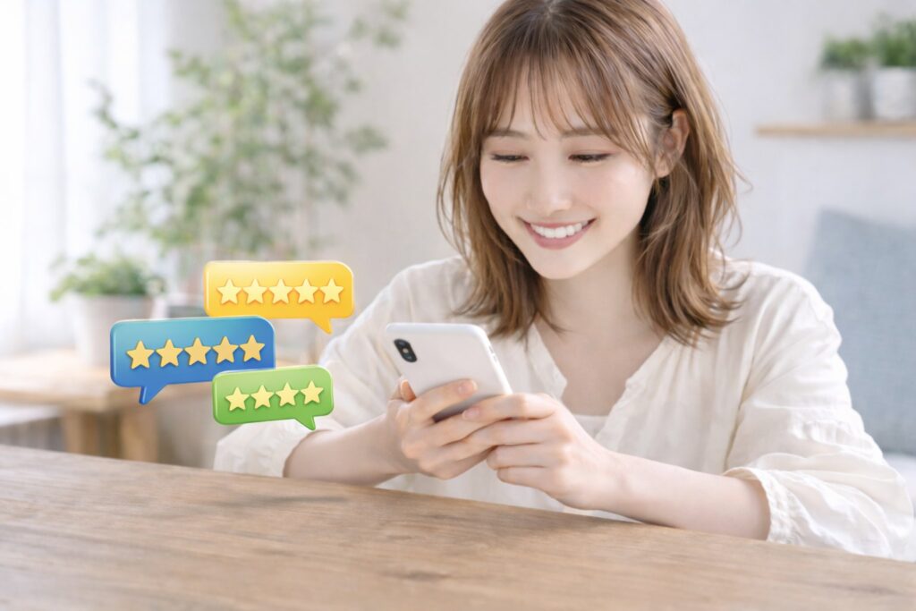 スマホで口コミを調べている女性