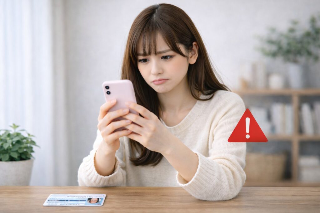 スマホと困った顔の女性と運転免許証