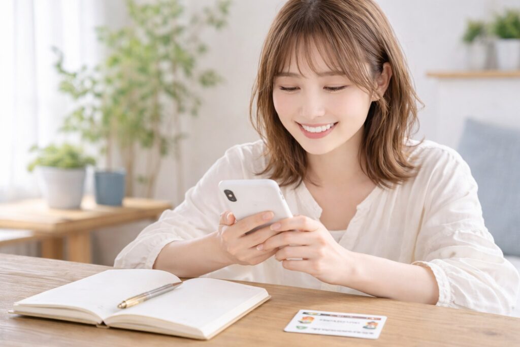 スマホを持つ女性とノートとペンと免許証