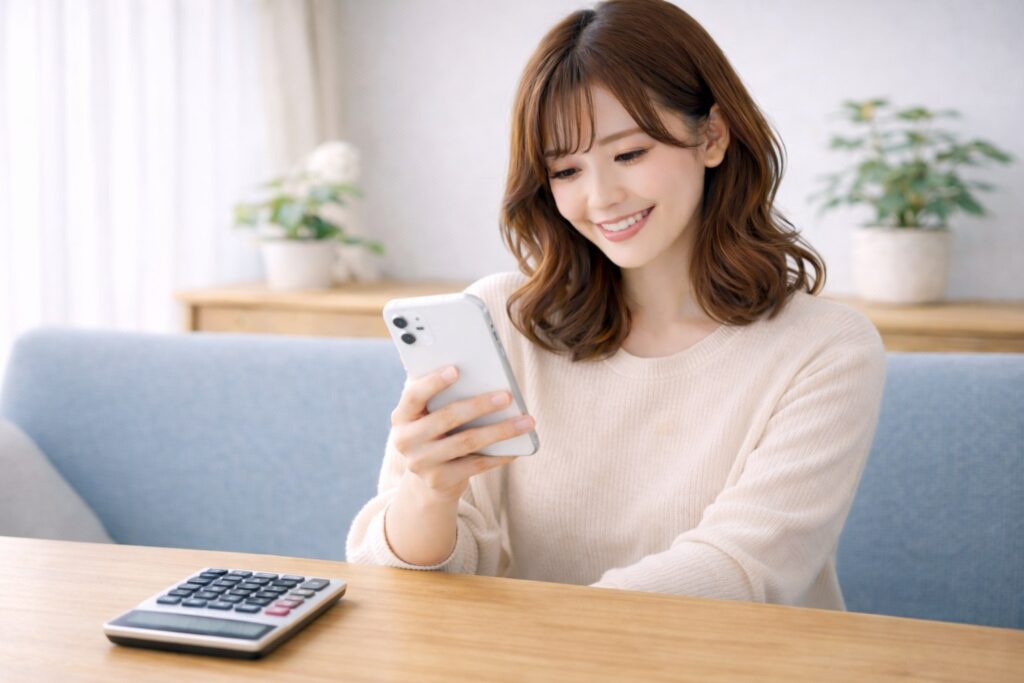 スマートフォンを見つめる女性と電卓