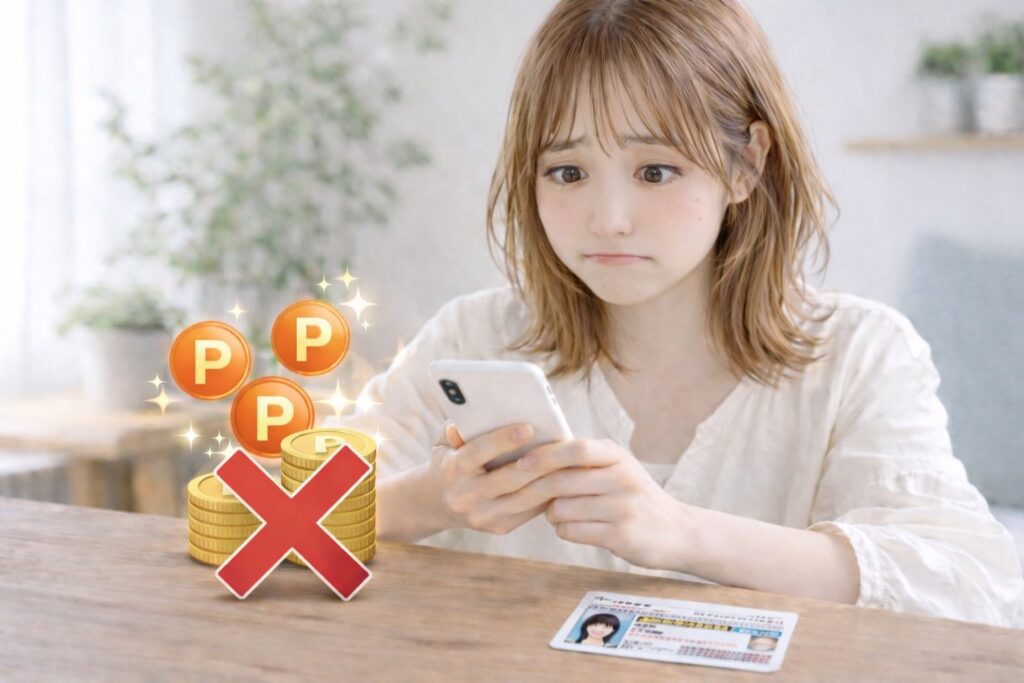 困っている女性とポイントと✖マーク