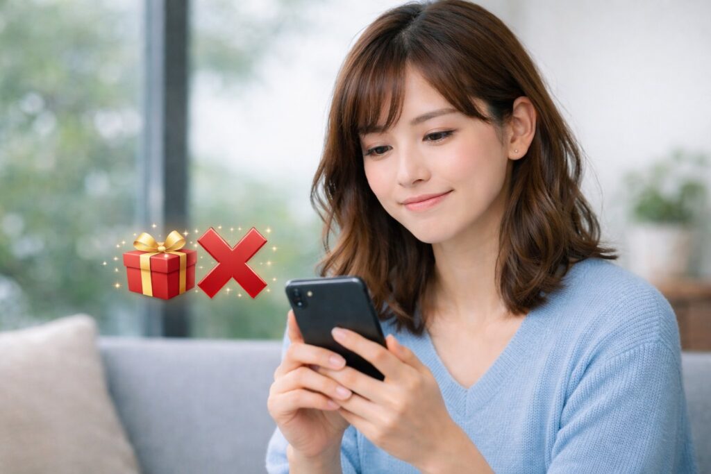 スマホを見ている女性と￥マークと✖マーク