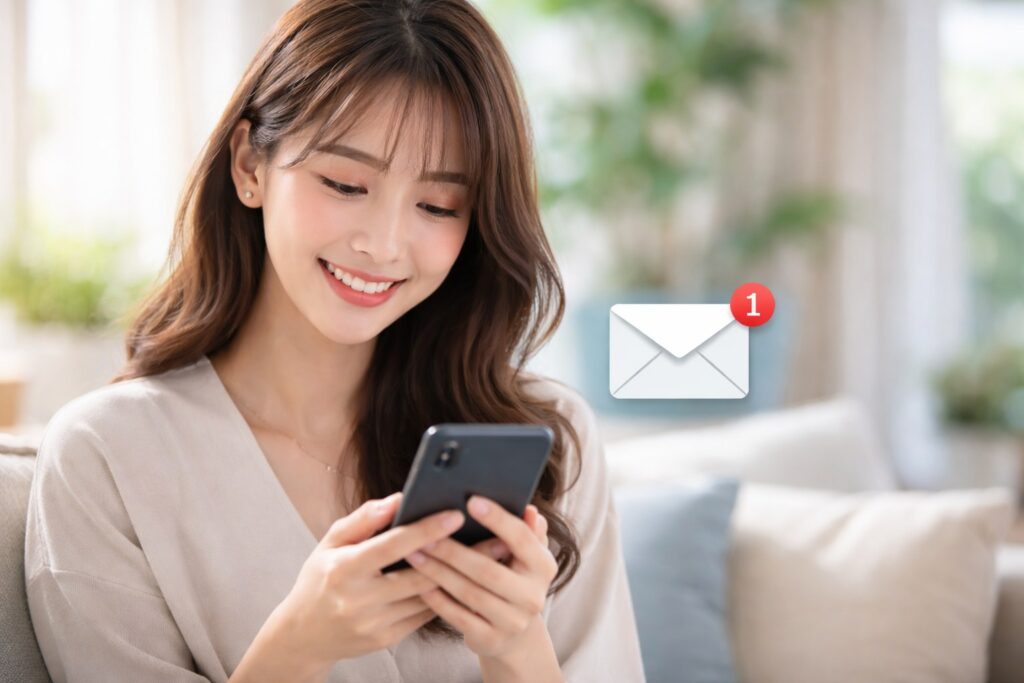 スマホを操作してる女性とメールのアイコン