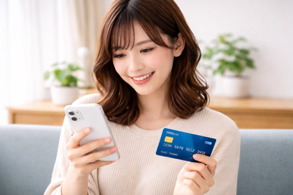 スマホとカードを持つ女性
