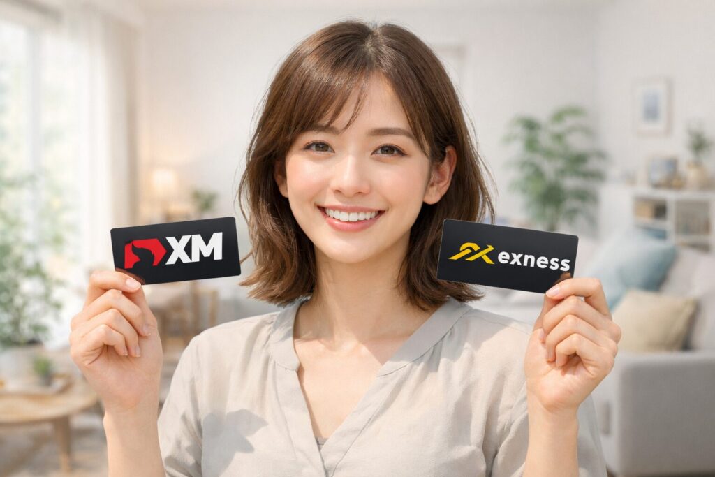 「XM」 と「Exness」のカードを持つ女性