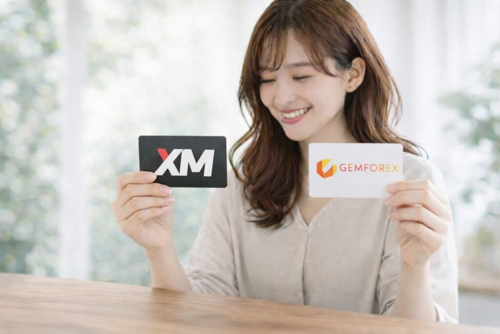 XMとGEMFOREXのカードを持つ女性
