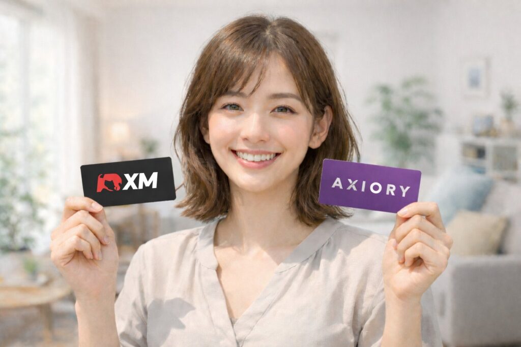女性が2つのカードを持っている。XMとAXIORY。